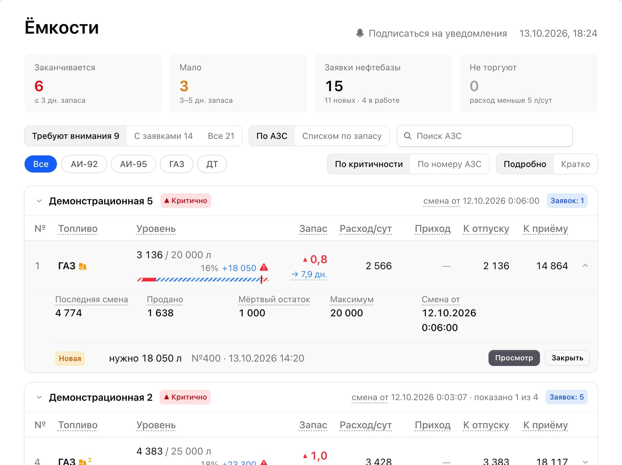 Раскрытая строка ёмкости с заявкой