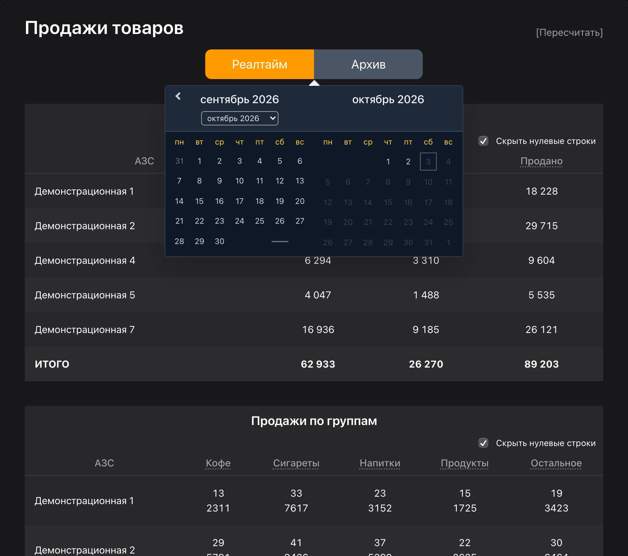Выбор дня в архиве продаж товаров