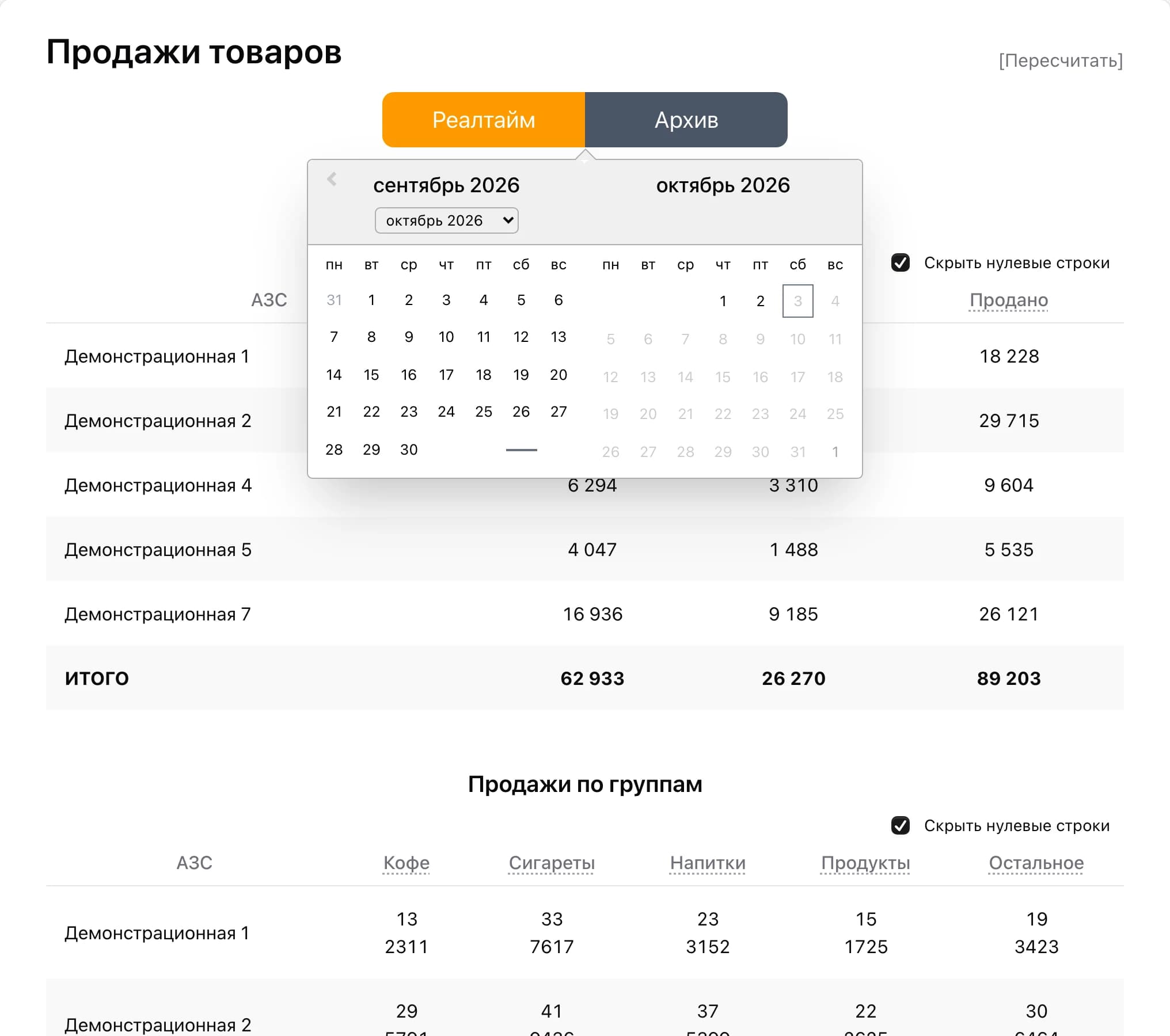 Выбор дня в архиве продаж товаров